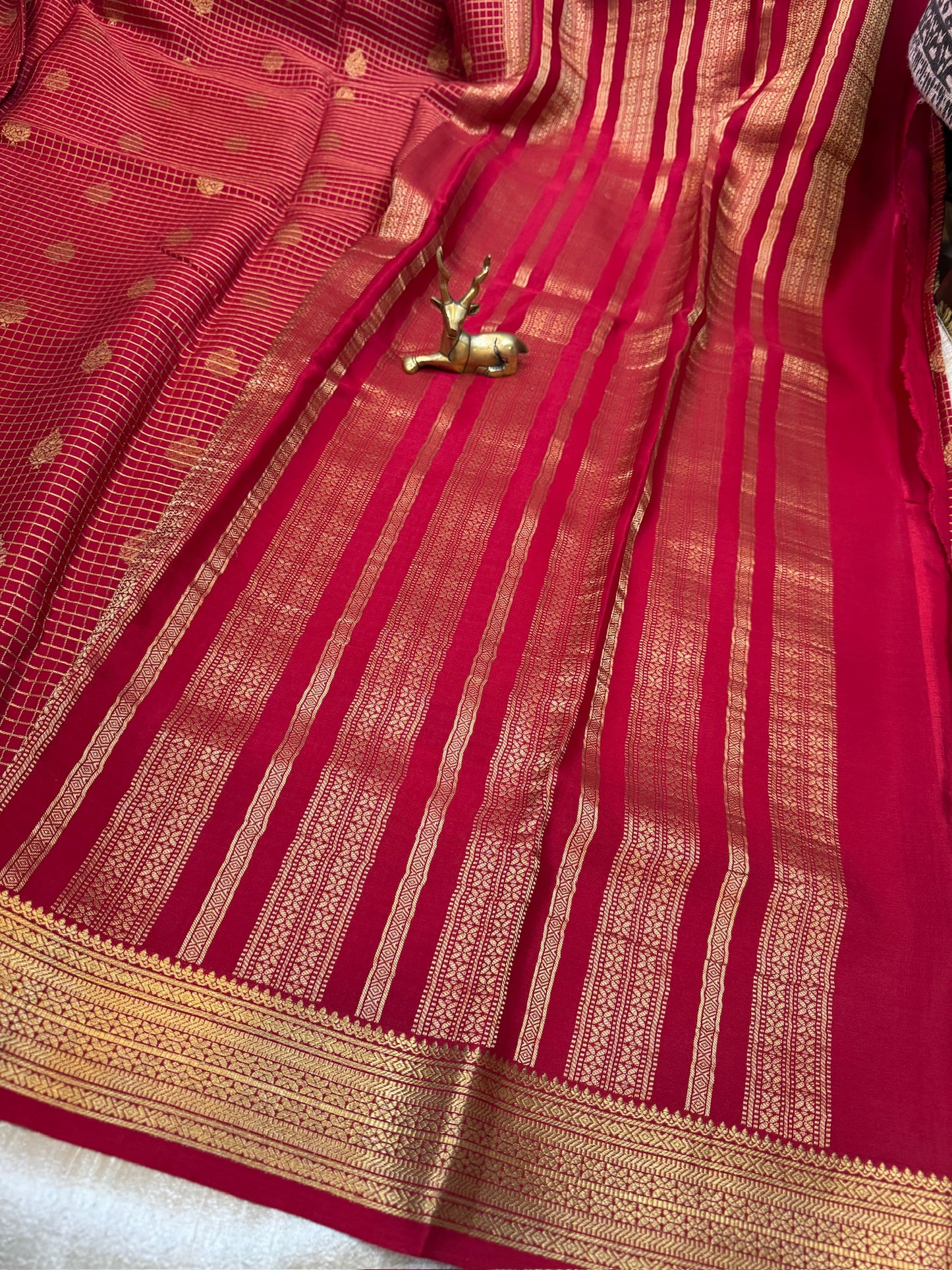 Pure Crepe Mysore Silk Saree | Checks design | Red