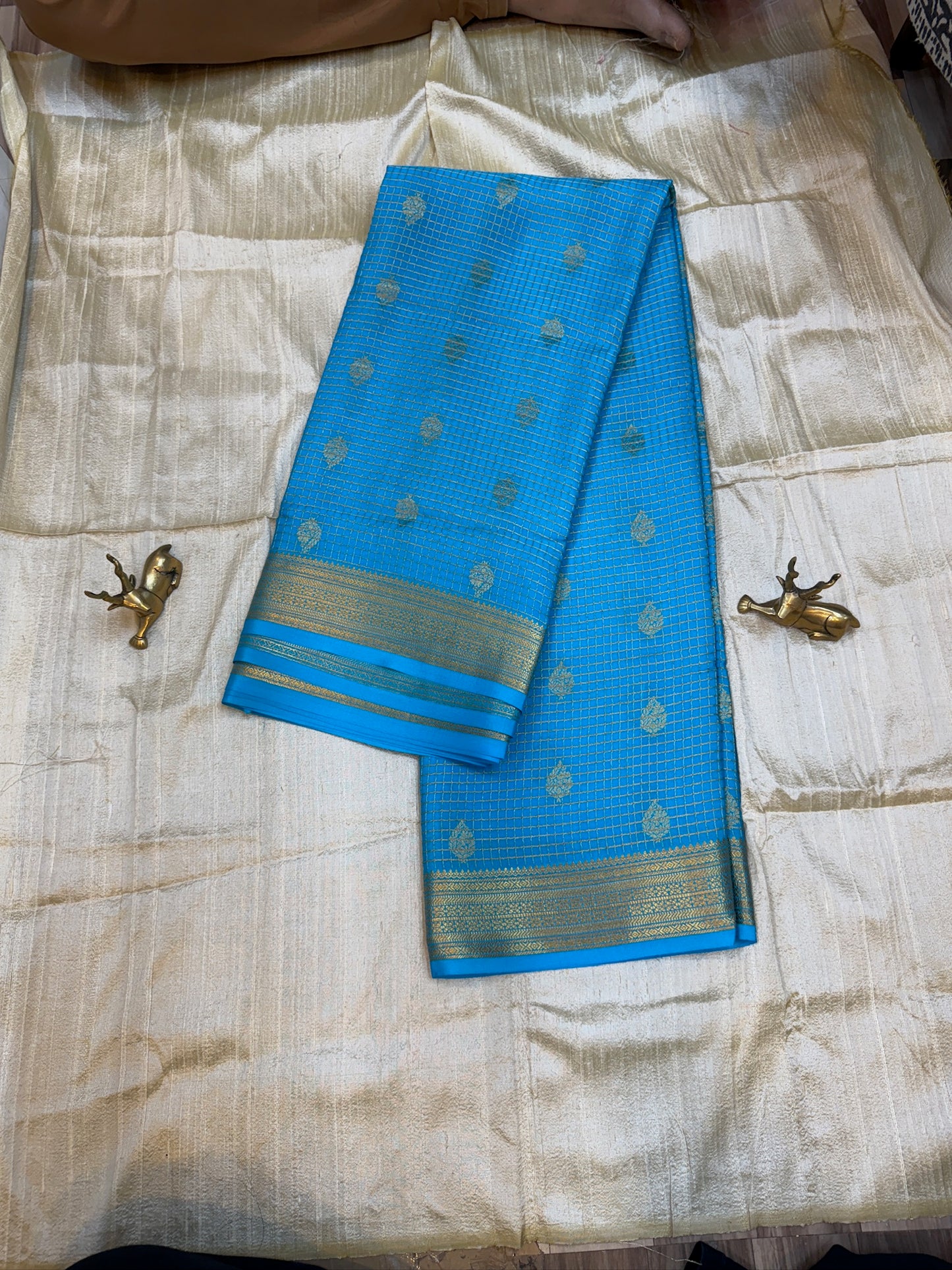 Pure Crepe Mysore Silk Saree | Checks design | Sky Blue