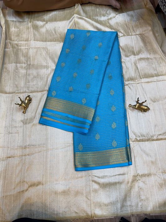 Pure Crepe Mysore Silk Saree | Checks design | Sky Blue