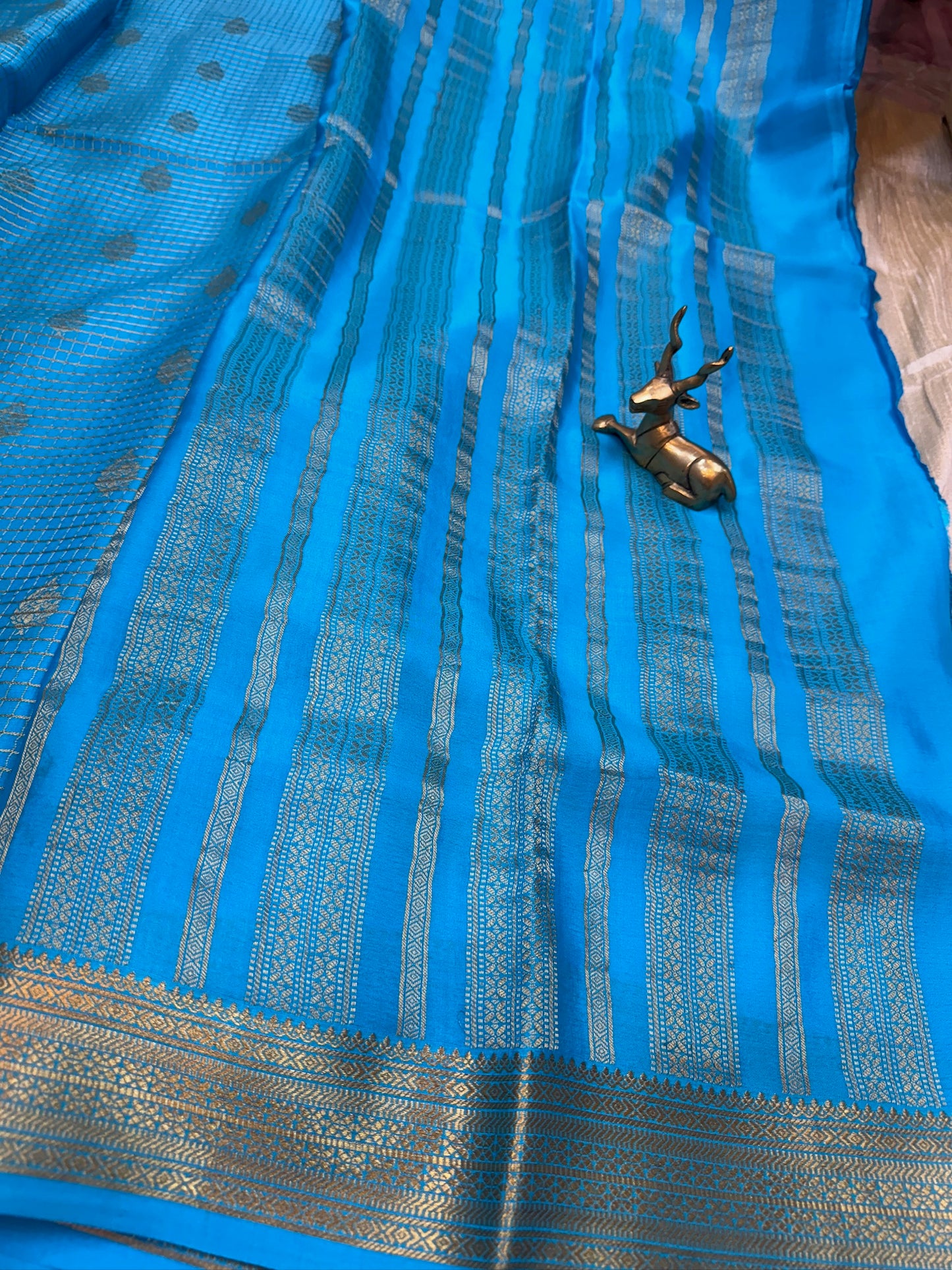 Pure Crepe Mysore Silk Saree | Checks design | Sky Blue
