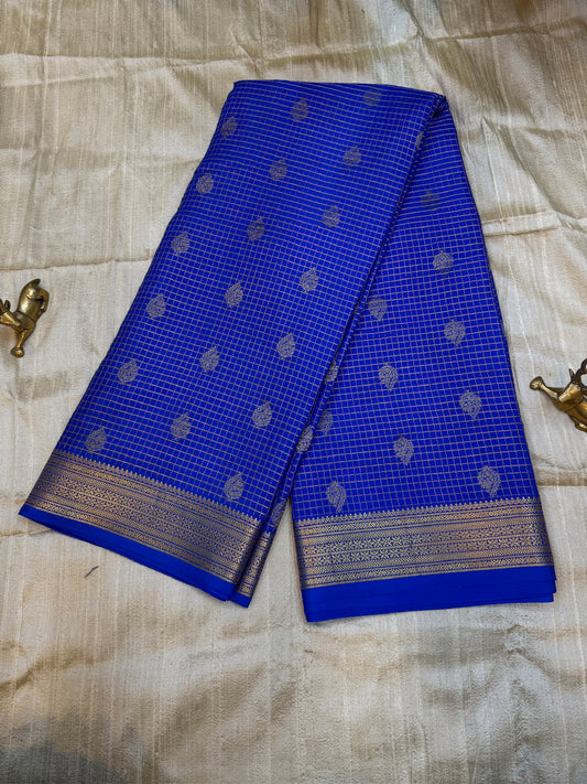 Pure Crepe Mysore Silk Saree | Checks design | Royal Blue