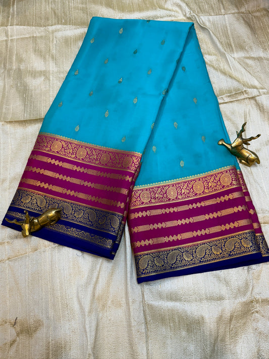 Pure Crepe Mysore Silk Saree | 3 Colour with Bentex border| Light Blue