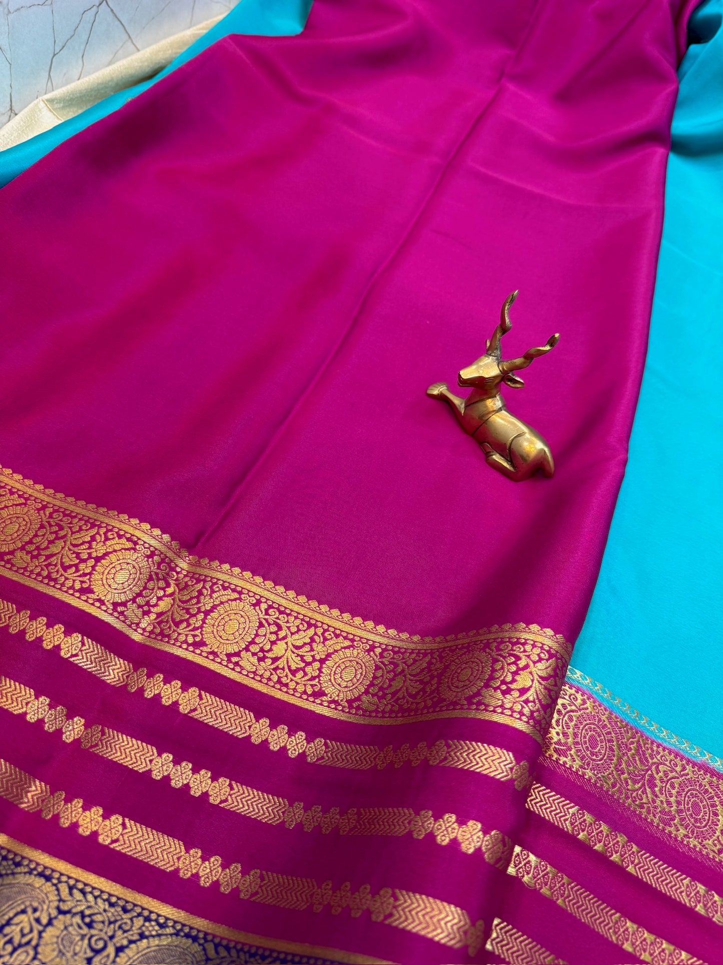 Pure Crepe Mysore Silk Saree | 3 Colour with Bentex border| Light Blue