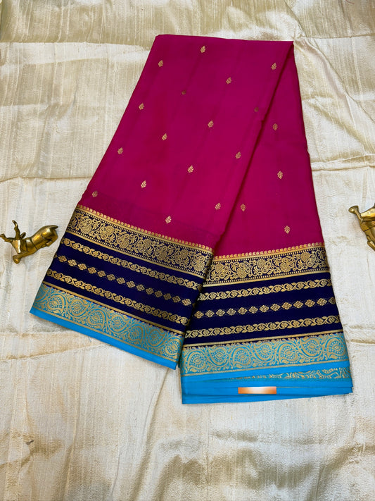 Pure Crepe Mysore Silk Saree | 3 Colour with Bentex border| Pink