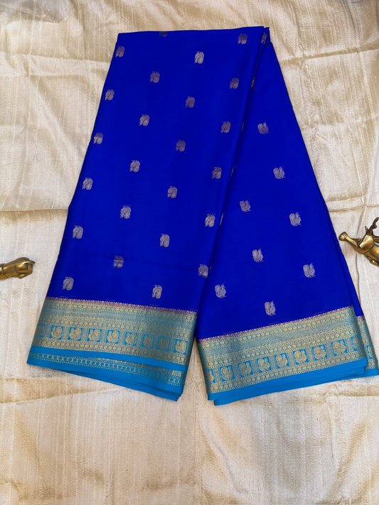 Pure Crepe Mysore Silk Saree | Peacock butta| Royal Blue