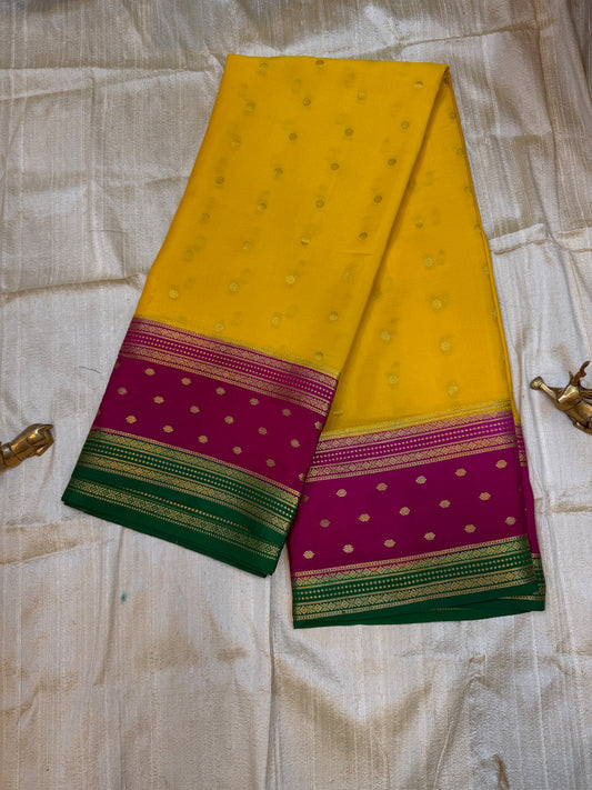 Pure Crepe Mysore Silk Saree | 3 colour bentex border| Yellow