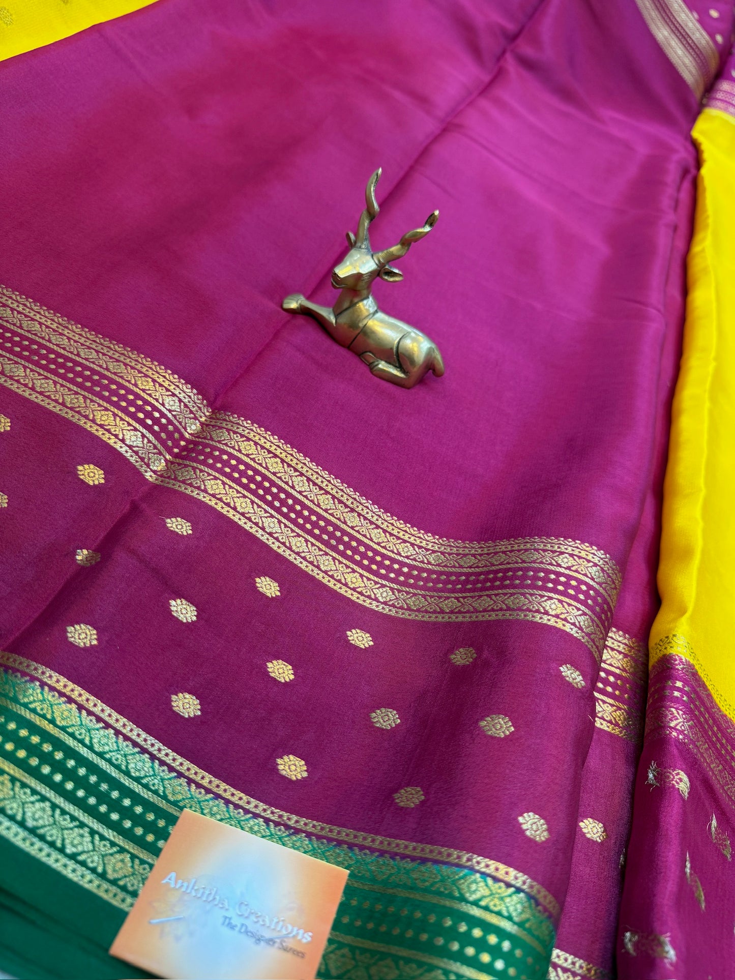Pure Crepe Mysore Silk Saree | 3 colour bentex border| Yellow