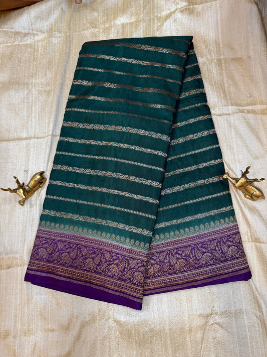 Banarasi Pure Crepe Saree | Line butta | Green and purple