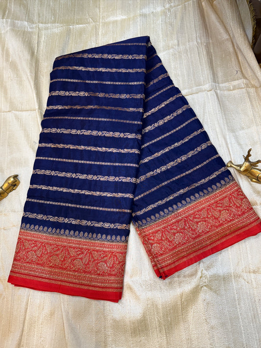 Banarasi Pure Crepe Saree | Line butta | Blue and orange