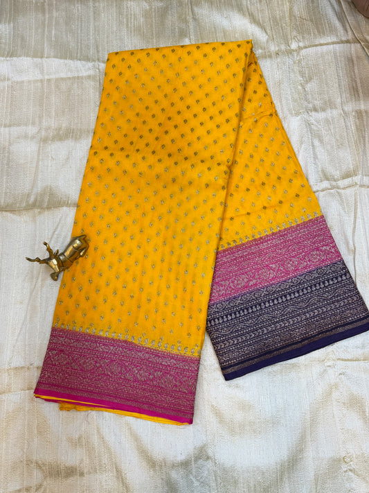 Banarasi Pure Crepe Saree | 3 colour | Yellow with pink and purple border