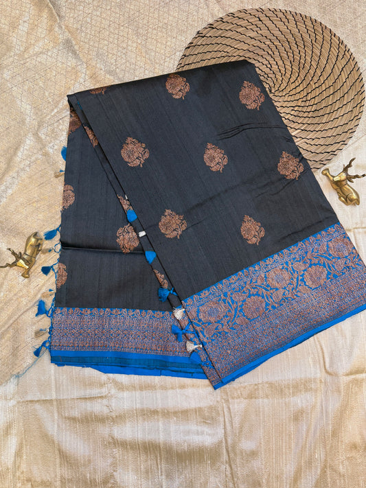 Banarasi Tussar Butta Silk Saree Black with blue border