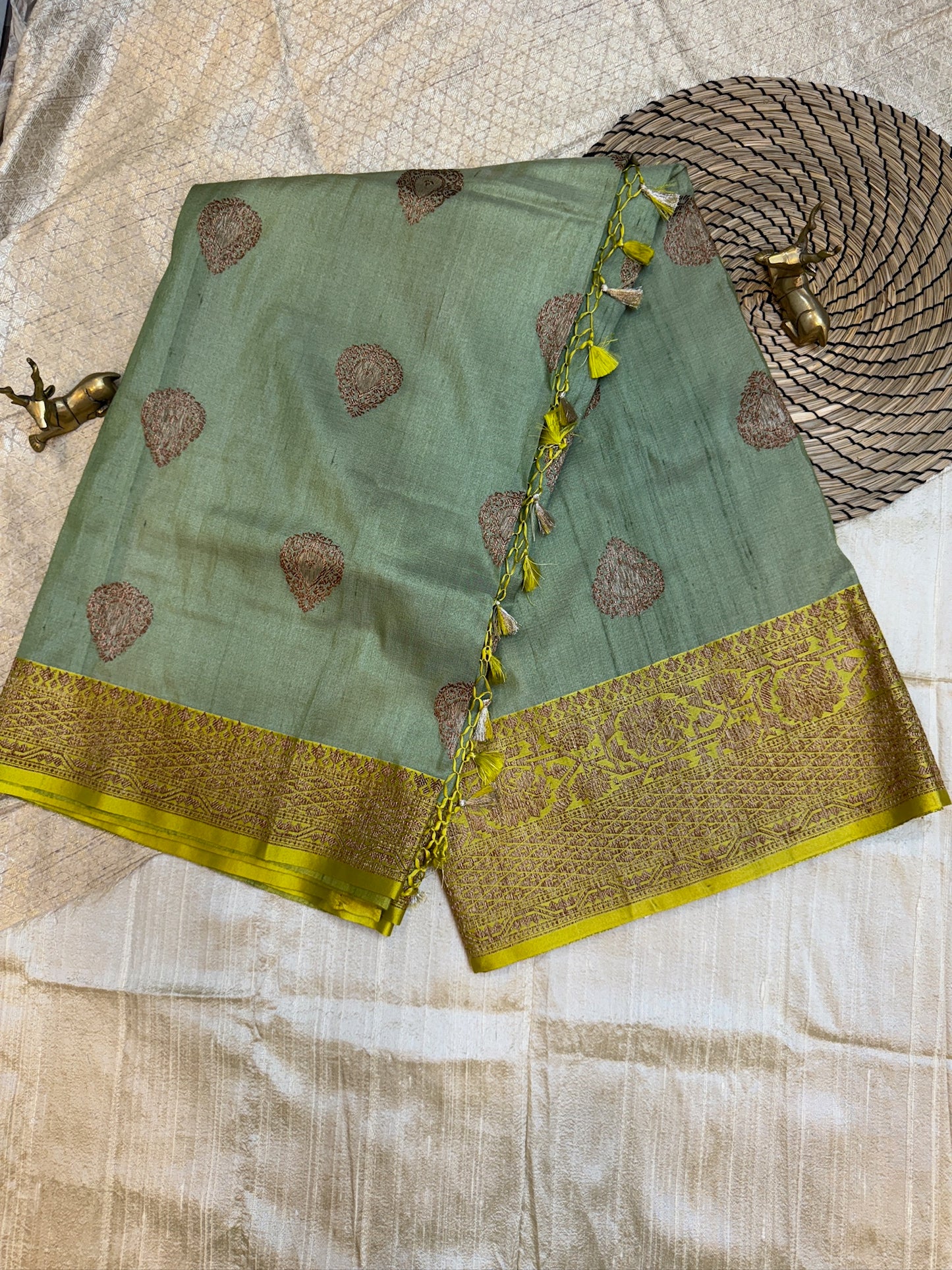 Banarasi Tussar Silk Saree Butta Green with yellow border
