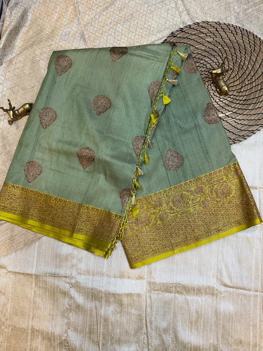 Banarasi Tussar Silk Saree Butta Green with yellow border