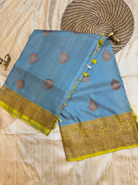 Banarasi Tussar Silk Saree with butta | Blue with yellow border