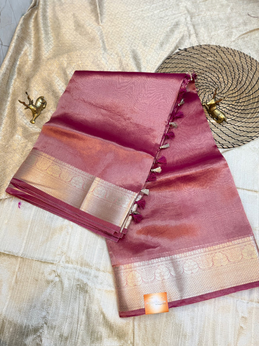 Pure Tissue silk saree plain | Pink