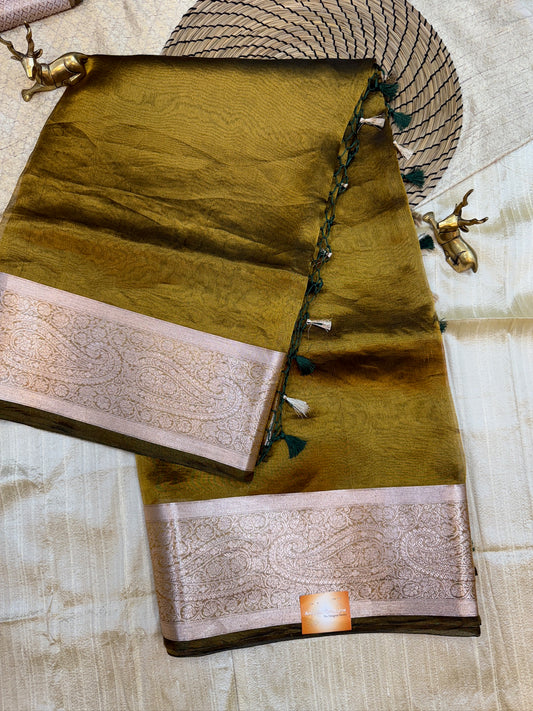 Pure Tissue Silk Saree plain | Olive green