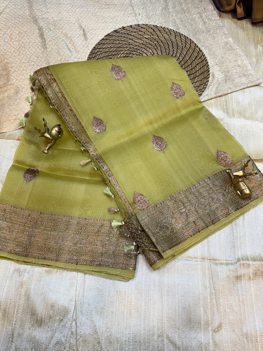 Pure Kora Silk Saree Banarasi with Butta | Pista green