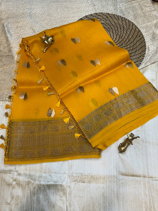Pure Kora Silk Saree Banarasi with Butta | Mango colour