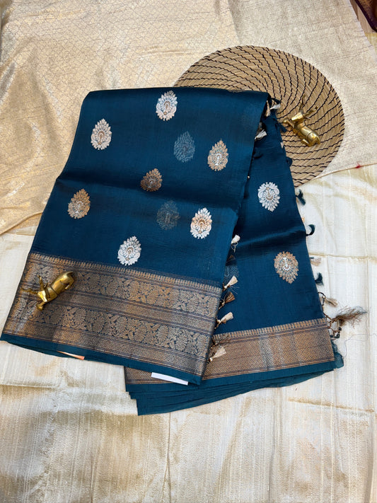 Pure Kora Silk Saree Banarasi with Butta | Dark Blue