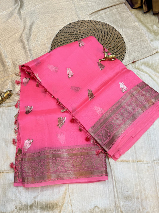 Pure Kora Silk Saree Banarasi with Butta | Hot Pink