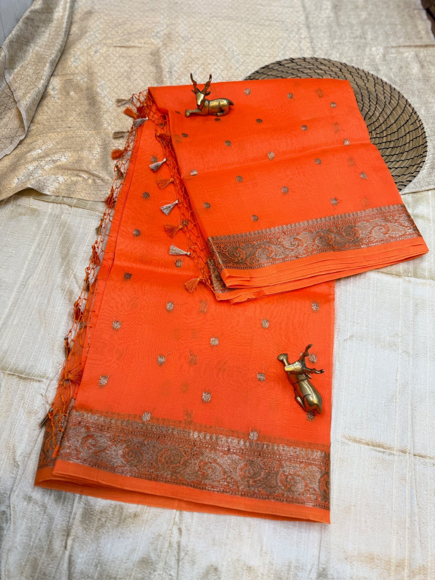 Pure Kora Silk Saree Banarasi with Butta | Hot Orange