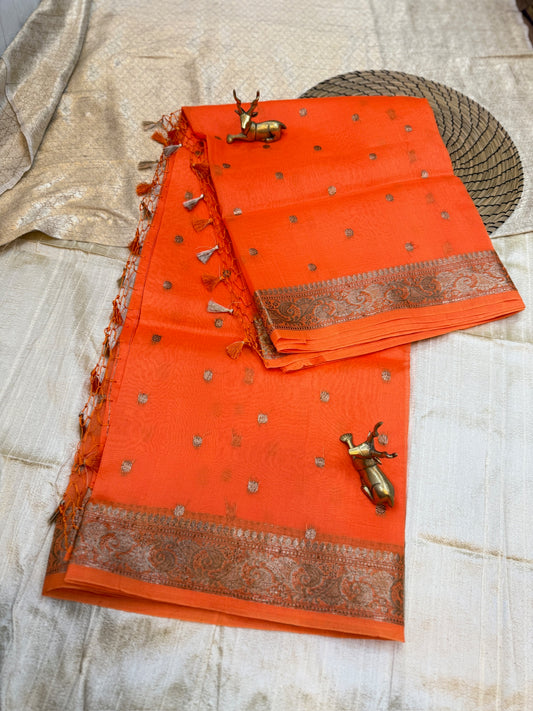 Pure Kora Silk Saree Banarasi with Butta | Hot Orange