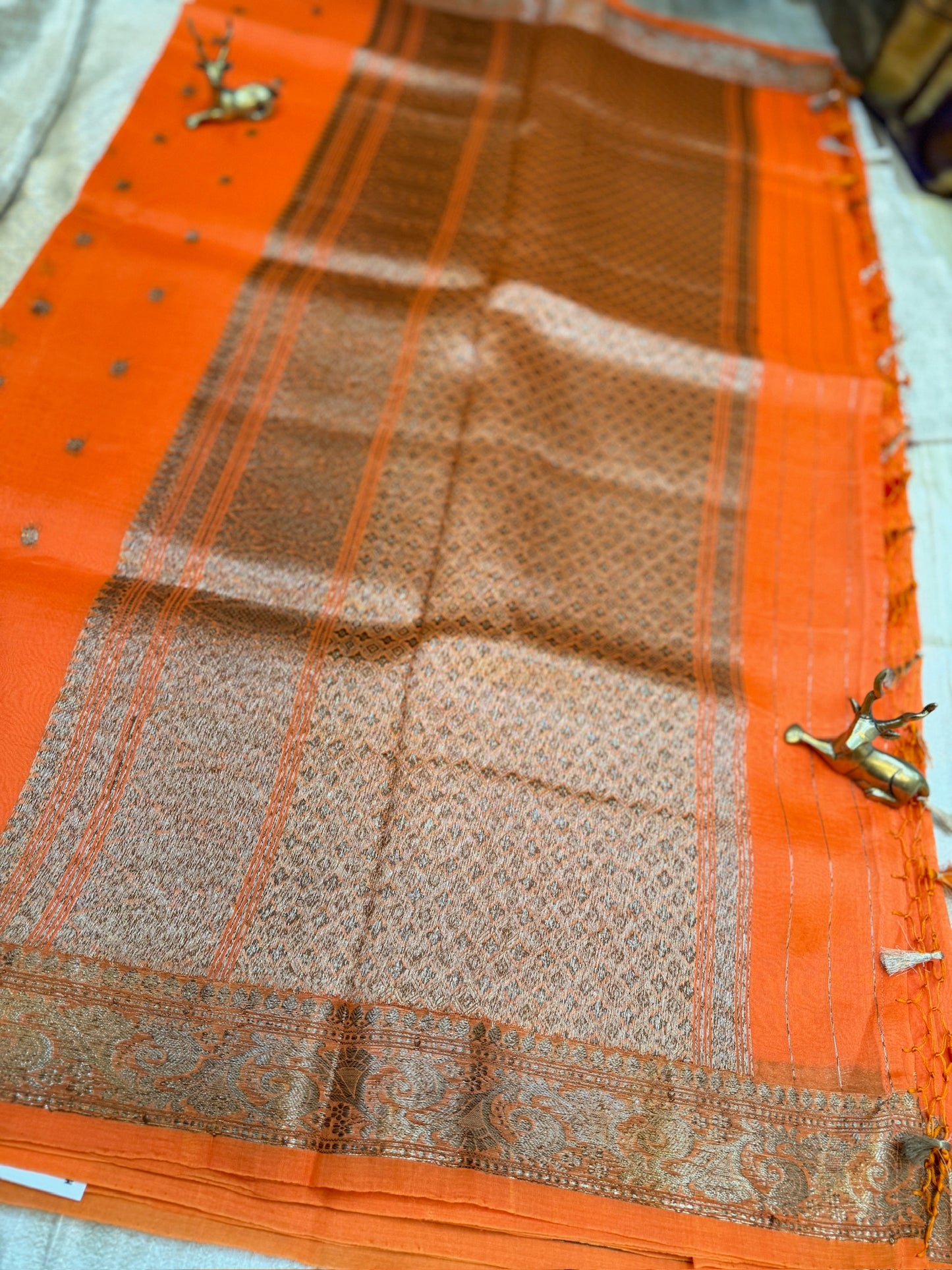 Pure Kora Silk Saree Banarasi with Butta | Hot Orange