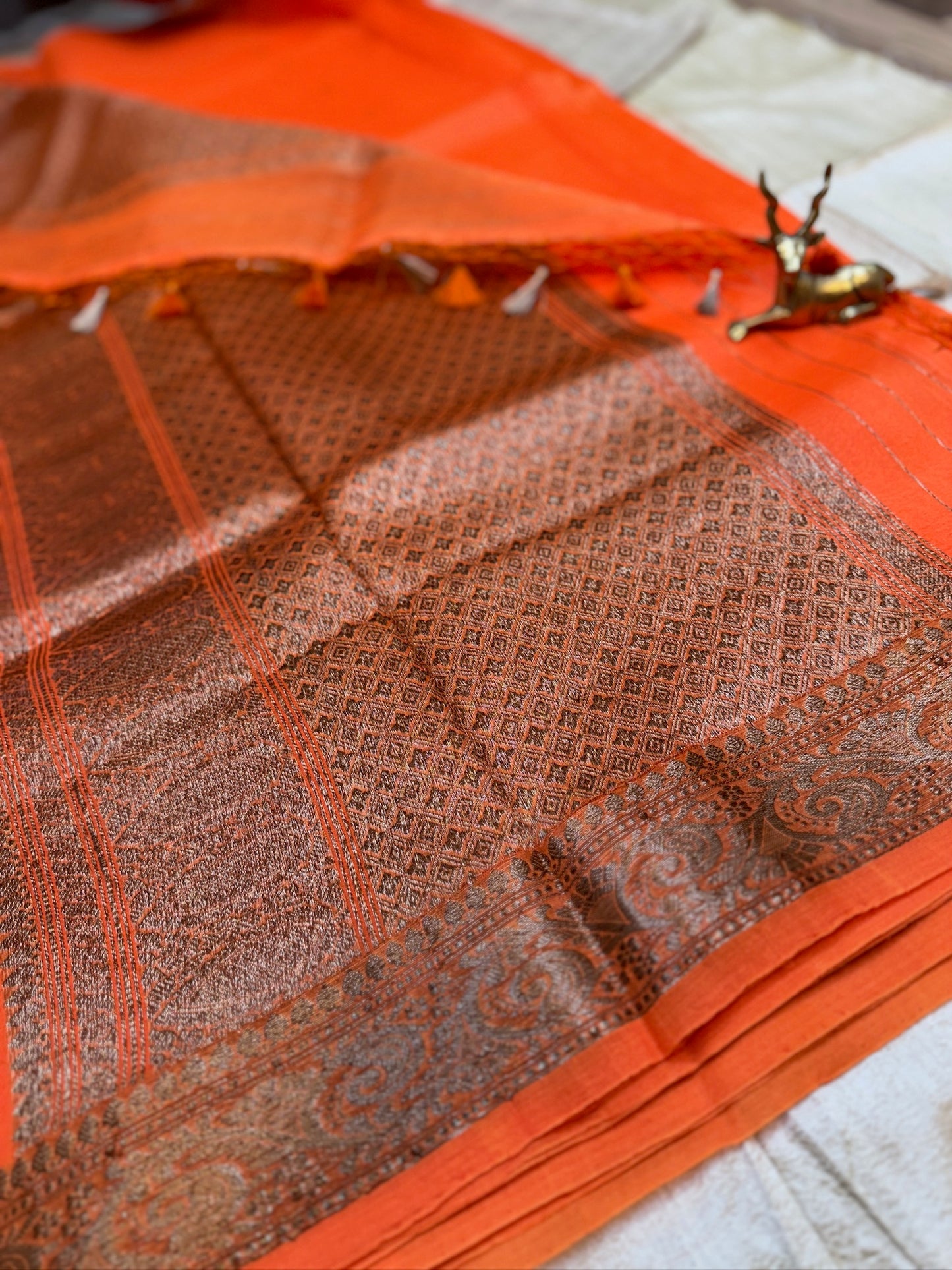 Pure Kora Silk Saree Banarasi with Butta | Hot Orange