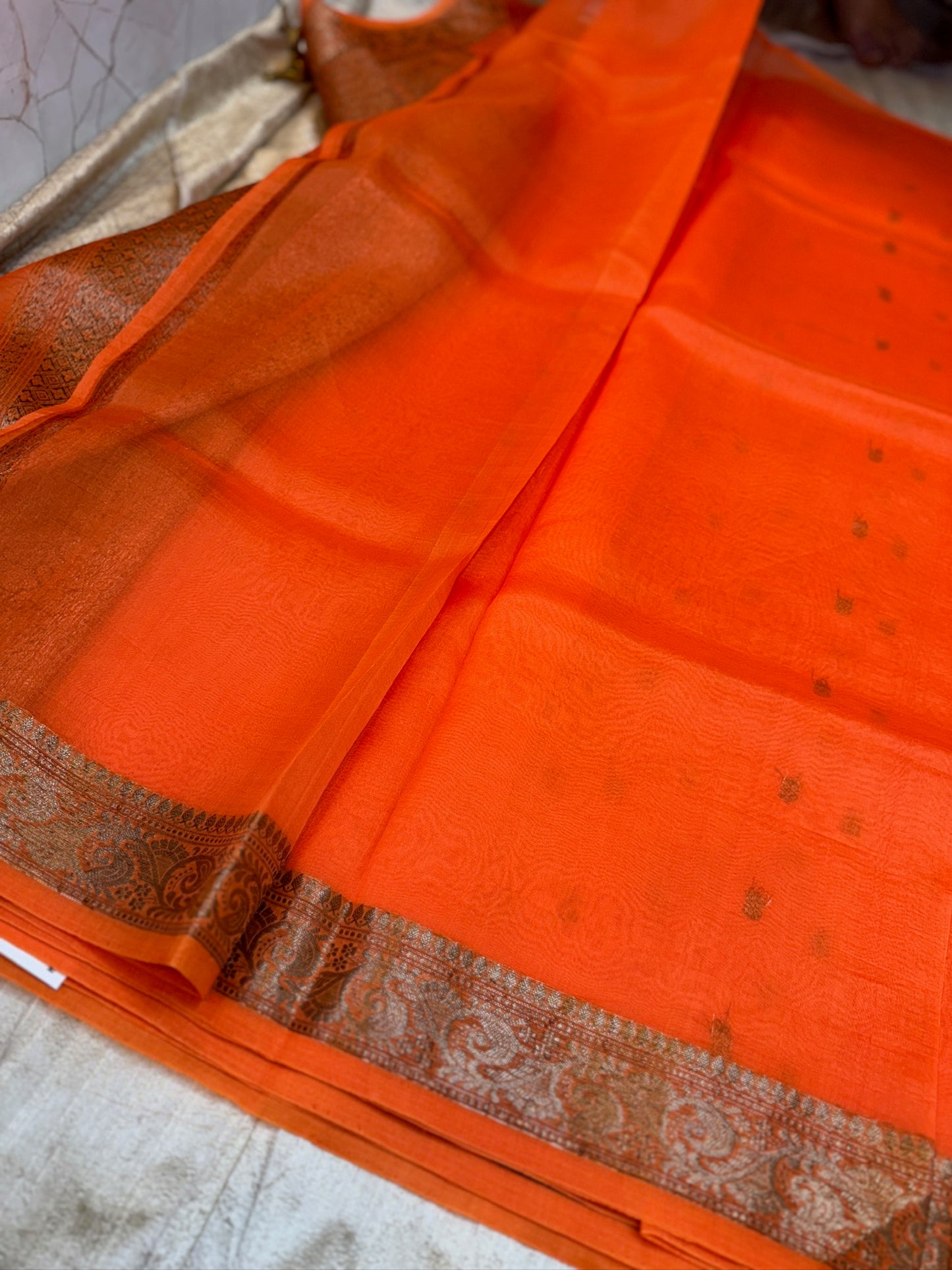 Pure Kora Silk Saree Banarasi with Butta | Hot Orange