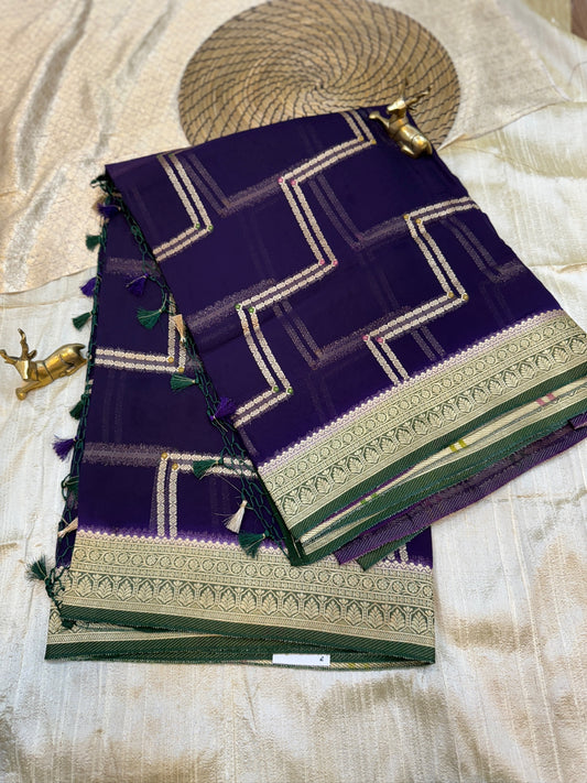 Kora Silk Saree Banarasi with Zig Zag lines| Purple
