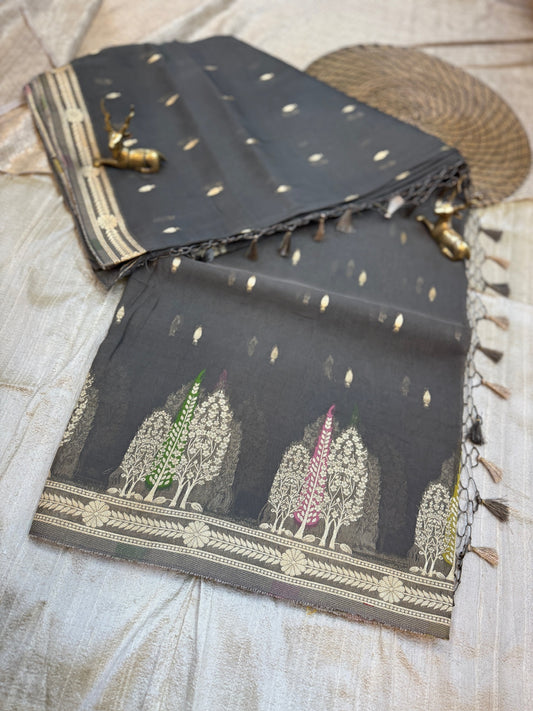 Kora Silk Saree Banarasi with Tree Butta | Grey