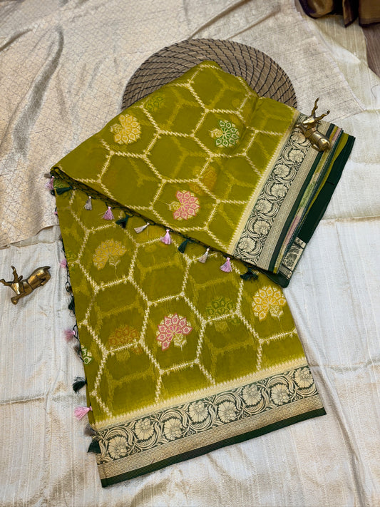 Kora Silk Saree Banarasi with Hexagon butta | Olive green