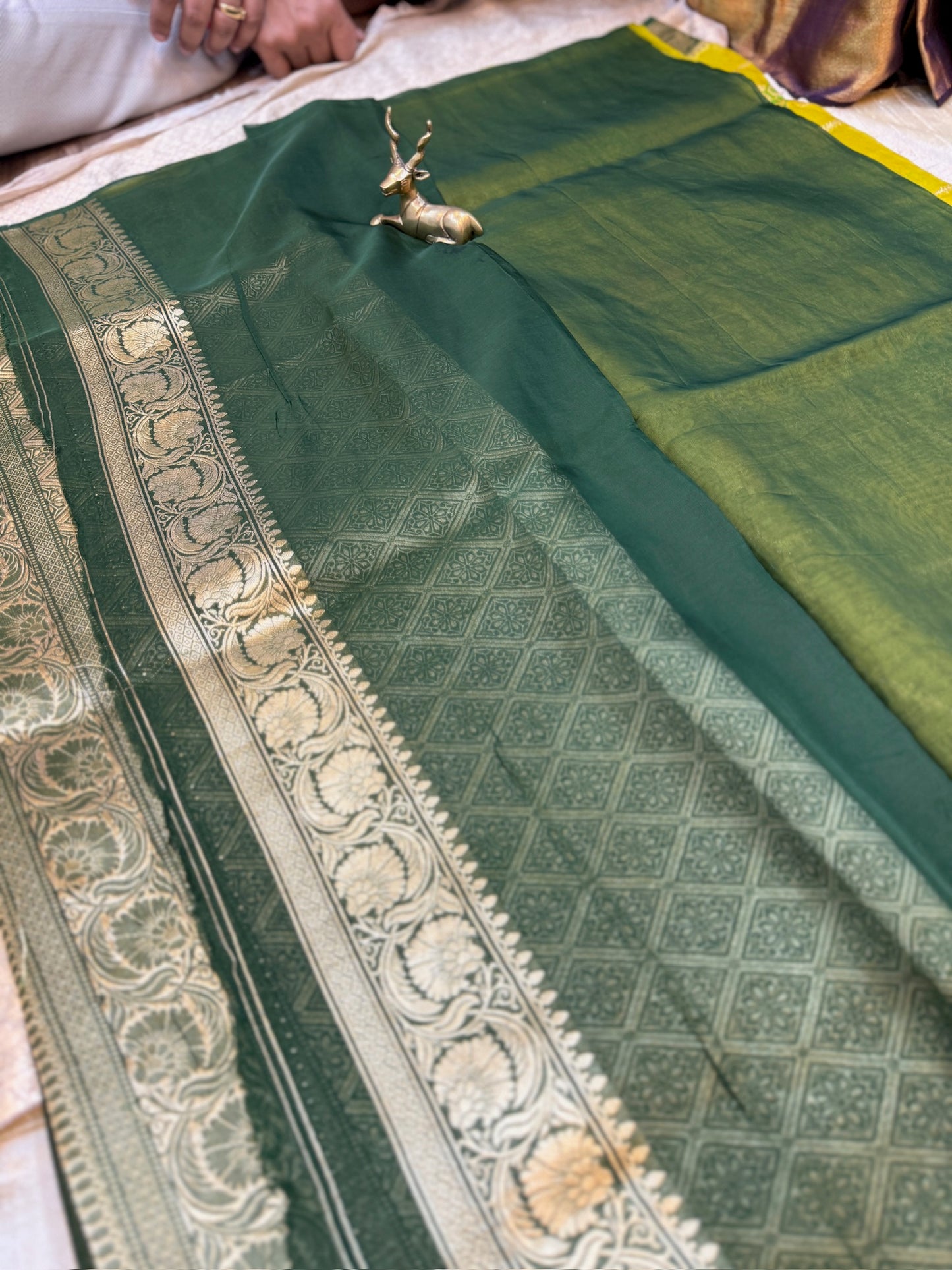 Kora Silk Saree Banarasi with Hexagon butta | Olive green