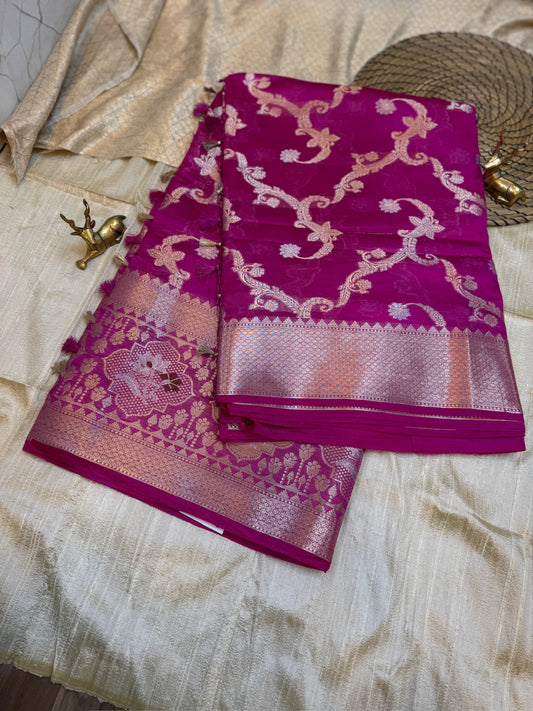 Banarasi Pure Raw Mango Katwar Silk Saree with flower design | Pink