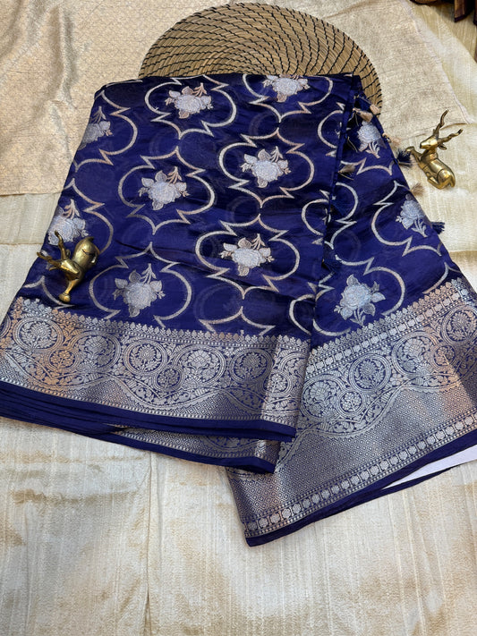 Banarasi Pure Raw Mango Katwar Silk Saree with floral design | Navy Blue