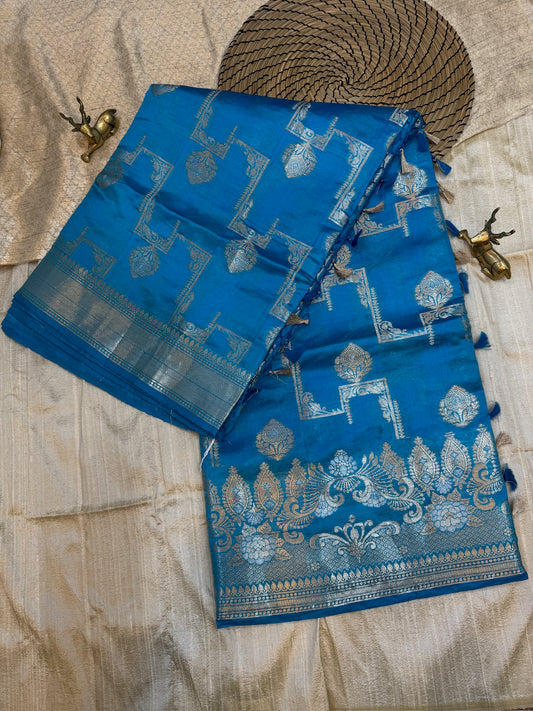 Banarasi Pure Raw Mango Katwar Silk Saree with floral design | Sky Blue