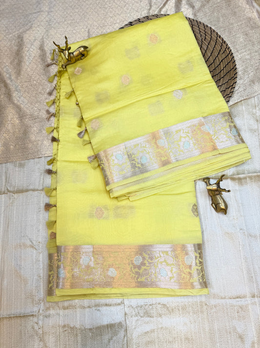 Banarasi Pure Raw Mango Katwar Silk Saree with small butta | Yellow