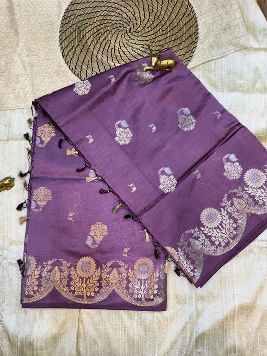Banarasi Pure Raw Mango Katwar Silk Saree with floral butta | Purple
