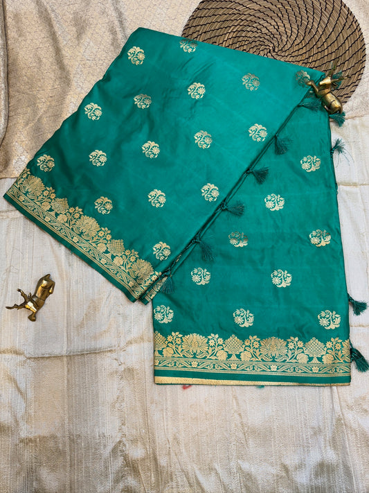 Banarasi Satin Mushru Silk Saree with Small Butta | Green
